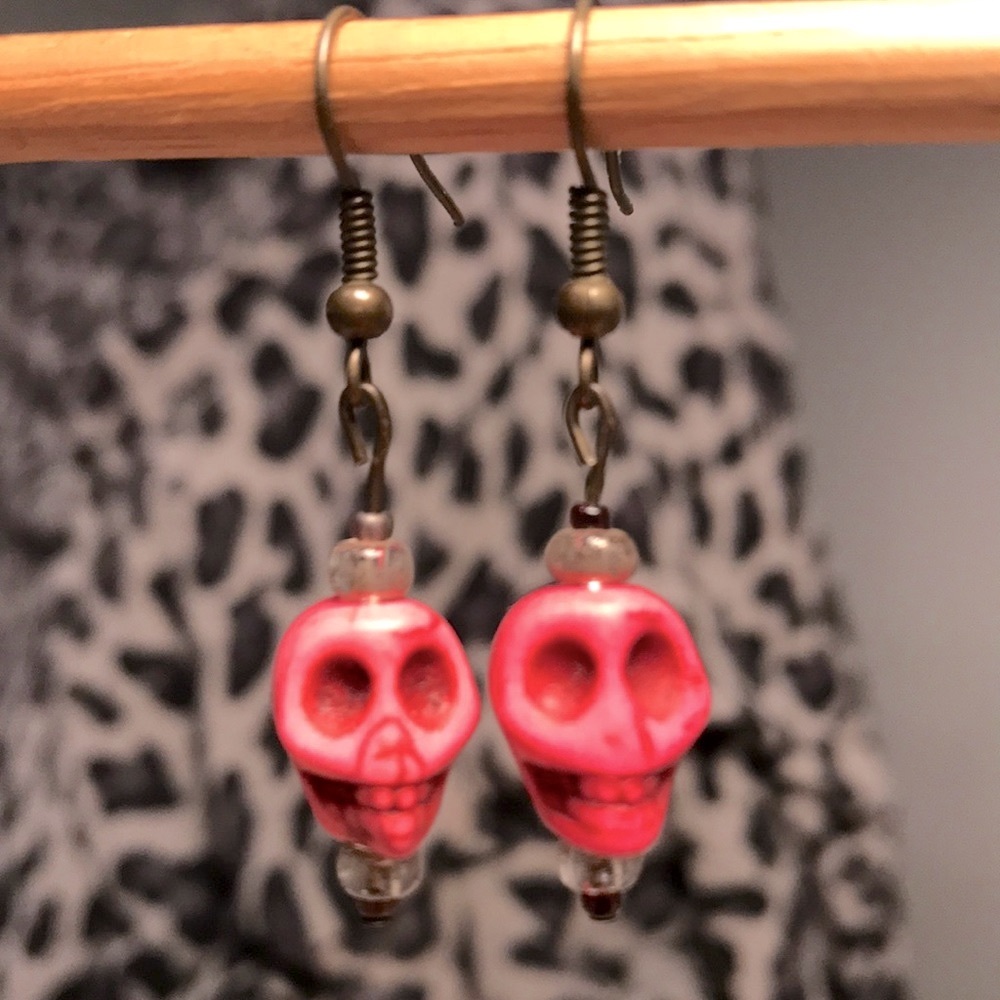 Pink Skull Earrings Hand Crafted